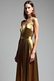 Golden A Line Deep V-Neck Backless Ruched Prom Dress