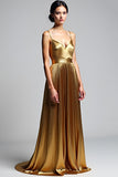 Golden A Line Spaghetti Straps Ruched Prom Dress