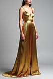 Golden A Line Spaghetti Straps Ruched Prom Dress