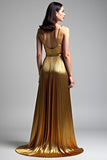 Golden A Line Spaghetti Straps Ruched Prom Dress