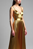 Golden A Line Spaghetti Straps Ruched Prom Dress