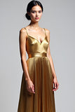 Golden A Line Spaghetti Straps Ruched Prom Dress