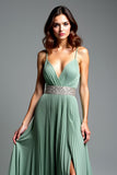 Dusty Sage Spaghetti Straps Ruched A Line Prom Dress with Slit