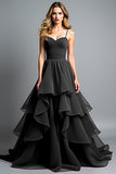 A Line Tiered Ruffled Spaghetti Straps Black Tie Dress