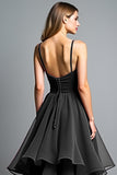 A Line Tiered Ruffled Spaghetti Straps Black Tie Dress