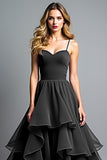 A Line Tiered Ruffled Spaghetti Straps Black Tie Dress