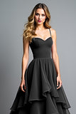 A Line Tiered Ruffled Spaghetti Straps Black Tie Dress