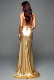 Golden Halter Satin Sheath Prom Dress with Slit