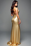 Golden Halter Satin Sheath Prom Dress with Slit