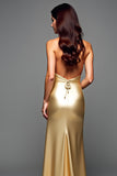 Golden Halter Satin Sheath Prom Dress with Slit