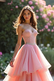 Pink Sweetheart Ruffled Tiered Prom Dress