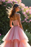 Pink Sweetheart Ruffled Tiered Prom Dress