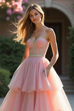 Blush A Line Strapless Ruffled Tiered Prom Dress