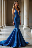 Royal Blue Mermaid Deep V-Neck Prom Dress