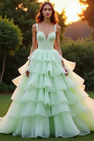 Green A Line Sweetheart Tiered Ruffled Prom Dress