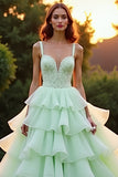 Green A Line Sweetheart Tiered Ruffled Prom Dress