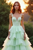 Green A Line Sweetheart Tiered Ruffled Prom Dress