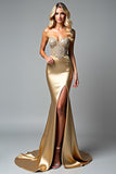 Golden Strapless Beaded Mermaid Prom Dress with Slit