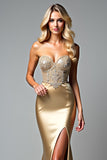 Golden Strapless Beaded Mermaid Prom Dress with Slit