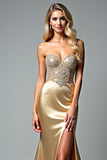 Golden Strapless Beaded Mermaid Prom Dress with Slit