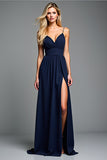 A Line Navy Spaghetti Straps Long Formal Dress