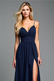 A Line Navy Spaghetti Straps Long Formal Dress