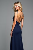 A Line Navy Spaghetti Straps Long Formal Dress