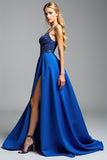 Spaghetti Straps Royal Blue A Line Beads Prom Dress with Slit