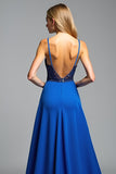 Spaghetti Straps Royal Blue A Line Beads Prom Dress with Slit