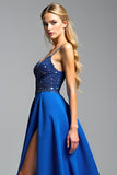 Spaghetti Straps Royal Blue A Line Beads Prom Dress with Slit