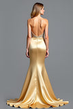 Golden Strapless Beads Sheath Prom Dress with Slit