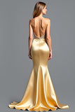 Golden Strapless Beads Sheath Prom Dress with Slit