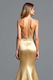 Golden Strapless Beads Sheath Prom Dress with Slit