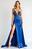 Strapless Beads Royal Blue Sheath Prom Dress with Slit