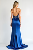 Strapless Beads Royal Blue Sheath Prom Dress with Slit