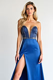 Strapless Beads Royal Blue Sheath Prom Dress with Slit