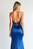 Strapless Beads Royal Blue Sheath Prom Dress with Slit