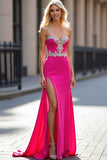 Appliques Fuchsia Strapless Sheath Prom Dress with Slit