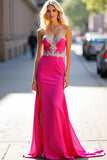 Appliques Fuchsia Strapless Sheath Prom Dress with Slit