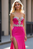 Appliques Fuchsia Strapless Sheath Prom Dress with Slit