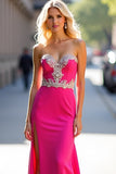 Appliques Fuchsia Strapless Sheath Prom Dress with Slit