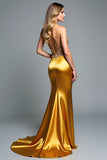 Golden Appliques Beads Strapless Sheath Prom Dress with Slit