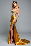 Golden Appliques Beads Strapless Sheath Prom Dress with Slit