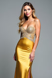 Golden Appliques Beads Strapless Sheath Prom Dress with Slit