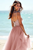 Sweetheart Beaded Long Blush Wedding Guest Dress