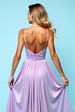 Purple A Line Spaghetti Straps Long Wedding Guest Dress With Slit