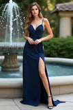 Navy Sheath Spaghetti Straps Long Wedding Guest Dress With Slit