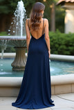 Navy Sheath Spaghetti Straps Long Wedding Guest Dress With Slit