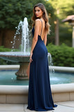 Navy Sheath Spaghetti Straps Long Wedding Guest Dress With Slit