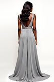 Grey V-Neck Beaded Long Wedding Guest Dress